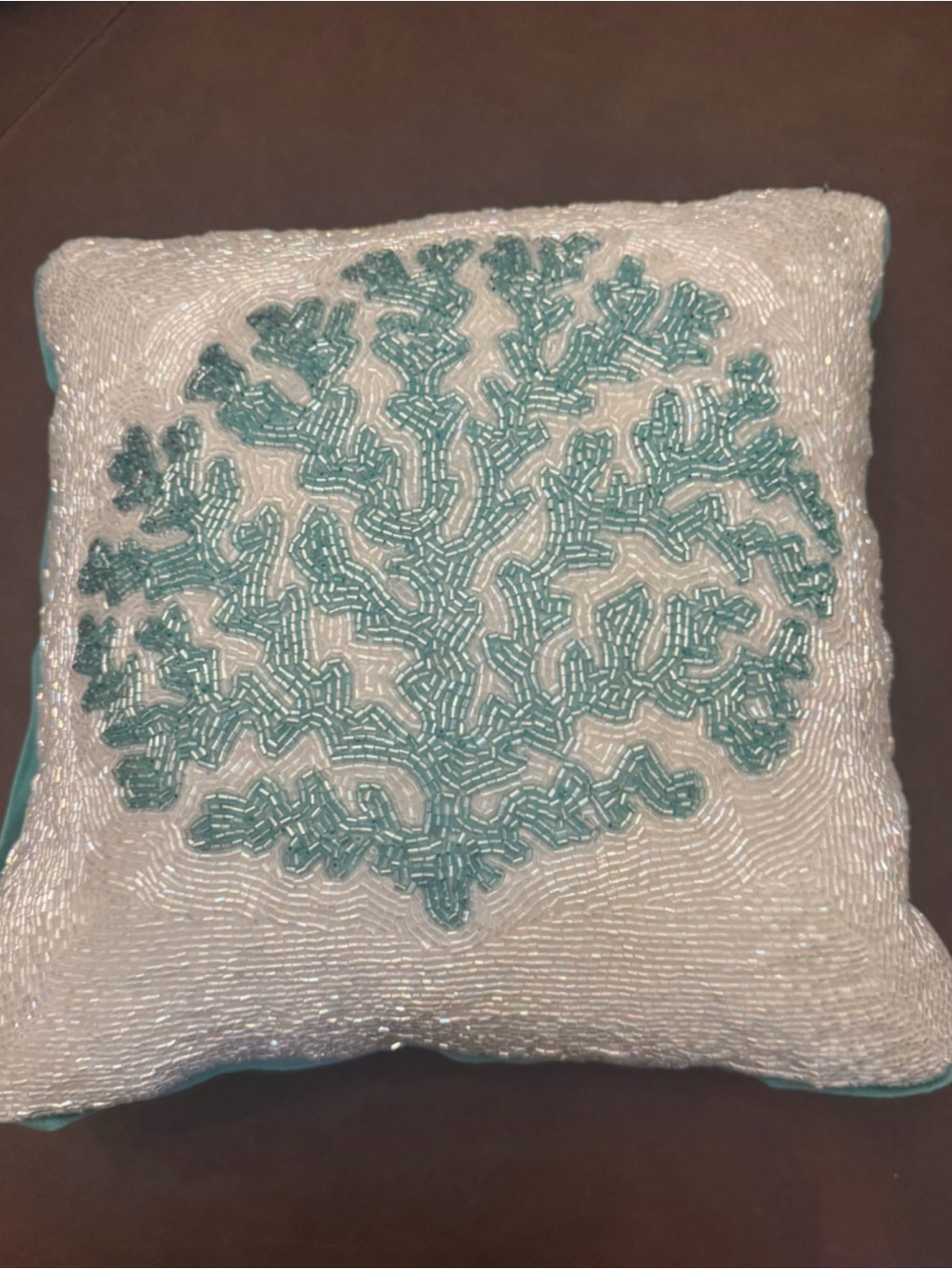 Teal Coral Beaded Accent Pillow 13x13